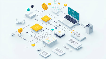 A clean and modern graphic flowchart steps of the ISO quality management process showing with labels and icons. Generative AIの素材