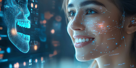 A digital consultation where the patient checks her smile on a virtual screen, showing her dental health progress. Generative AIの素材