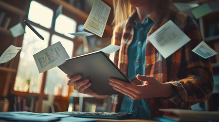 A learner using a tablet for business training, with digital tools like calculators, charts, and books floating around them. Generative AIの素材