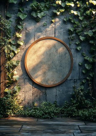 A circular mockup signboard on a rustic wooden wall, with ivy climbing around the edges, creating a natural.Generative AIの素材