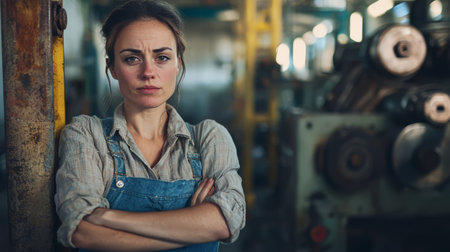 A female factory worker in overalls, leaning against machinery with a tired and hopeless expression. Generative AIの素材
