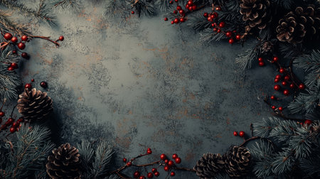New Year's background made of cones and berries scattered across the background. Generative AIの素材