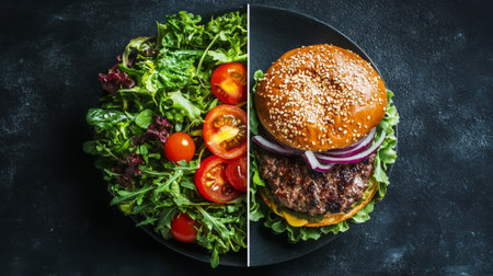 A healthy green salad on one side, contrasted with a greasy burger on the other, with a dividing line in the center. Generative AIの素材
