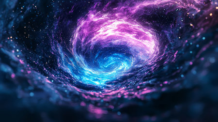 A low-poly, swirling vortex with glowing blue and purple hues, representing a futuristic, unpredictable quantum state. Generative AIの素材
