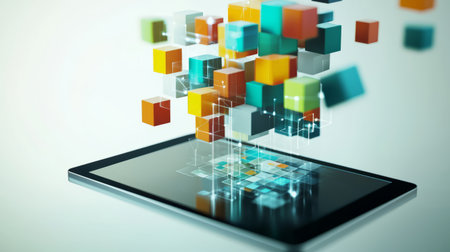 A tablet showing 3D learning modules hovering in the air, representing e-learning and interactive business training sessions. Generative AIの素材