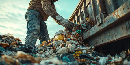 Close-up of hands loading trash into a truck, highlighting the essential aspect of waste disposal. Generative AIの素材