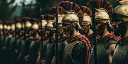 Ancient warriors, Greek hoplites, in formation with soldiers.Generative AIの素材
