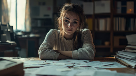 A tired female teacher sitting at her desk, surrounded by ungraded papers, with a weary expression. Generative AIの素材