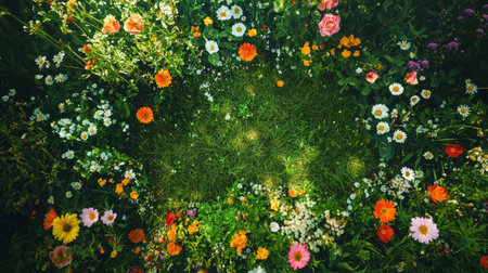Aerial perspective of a lush grass field with a variety of flowers. Generative AIの素材