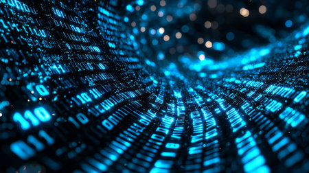 digital matrix code forming the surface of the pipeline, highlighting the luminous blue numbers.Generative AIの素材