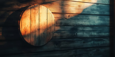 The mockup features a wooden wall bathed in warm, golden sunlight, casting soft shadows on the circular sign board. Generative AIの素材
