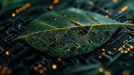 Organic tech background with leaf pattern symbolizing sustainable technologies. Generative AIの素材