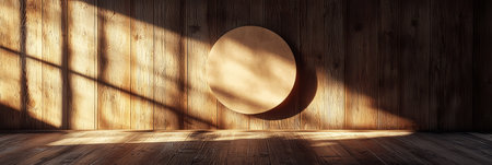 The mockup features a wooden wall bathed in warm, golden sunlight, casting soft shadows on the circular sign board. Generative AIの素材