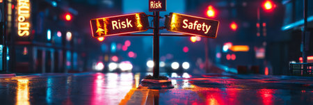 A crossroads with signs pointing towards Risk and Safety.Generative AIの素材