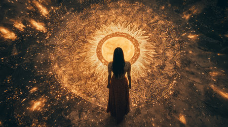 The woman stands in the center of a celestial scene, with the sun and moon drawn in Madhubani style on either side. Generative AIの素材