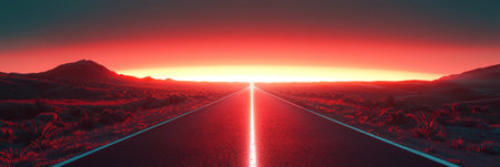 A straight road stretching towards a glowing horizon, representing journeys and goals. Generative AIの素材