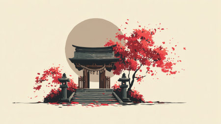 Japanese traditional shrine, autumn leaves gently falling nearby. Generative AIの素材