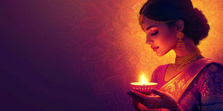 The woman in a sari holds a traditional diya, surrounded by circular patterns and festive motifs.Generative AIの素材
