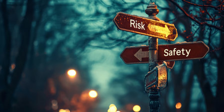 A crossroads with signs pointing towards Risk and Safety.Generative AIの素材