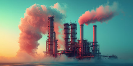 Tall factory pipes releasing soft vapor clouds under a pale blue sky. Generative AIの素材
