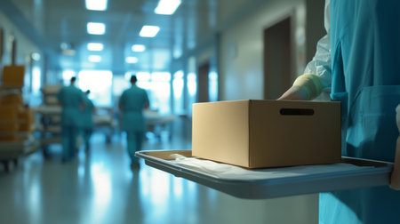 Contactless food delivery box placed on a sterilized tray outside a hospital room, with medical staff collecting it. Generative AIの素材