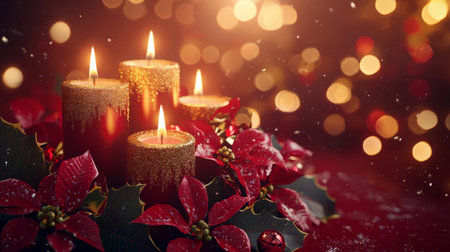 Golden candles and poinsettia flowers, sitting atop a ruby-red background. Generative AIの素材