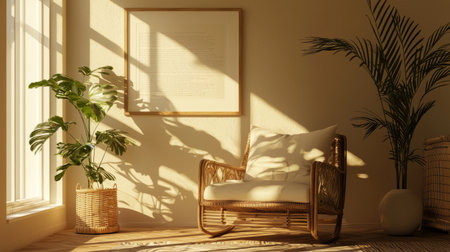 A cozy, sun-drenched reading nook with soft beige walls, neutral decor, and artistic leaf shadow play. Generativeの素材