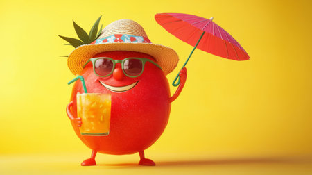 plump, smiling tomato in a chic sunhat and airy sarong, on a bright sunny yellow background. Generative AIの素材