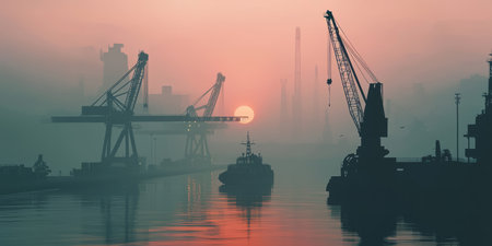 Silhouette of a port with cranes and ships. Generative AIの素材