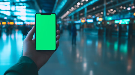 Traveler holding a smartphone with a green screen while waiting at the airport terminal. Generative AIの素材