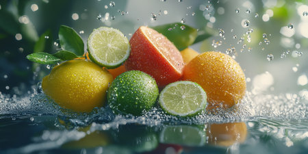 still life, various citrus fruits lemons, limes and oranges with dew drops. Generativeの素材