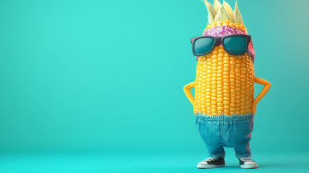 A charismatic ear of corn with a summer bandana and cool shades a vivid backdrop. Generative AIの素材