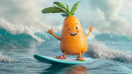 Carrot with a smile, riding a surfboard. Generative AIの素材