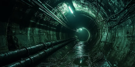 dark, cavernous tunnel with exposed pipes, wires, and dim lighting, evoking a sense of mystery. Generative AIの素材