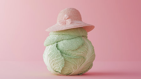 Layered cabbage decorated with tiny sun hat on soft pastel pink background. Generative AIの素材