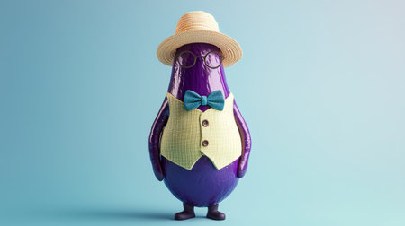 Elegant eggplant in bow tie, tiny sun hat, summer concept. Generative AIの素材