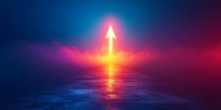 Abstract glowing arrow rising towards the sky, symbolizing business growth and achieving goals. Generativeの素材