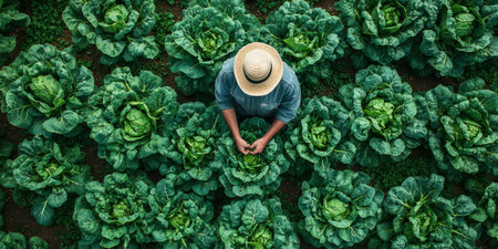 Aerial perspective of a farmer inspecting irrigation lines in a lush green cabbage farm. Generative AIの素材