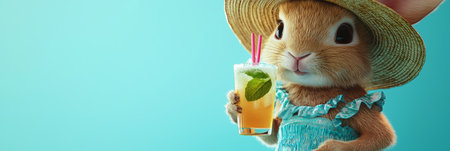 Adorable rabbit wearing a beach hat and summer dress, holding a mojito on a clean blue background. Generative AIの素材