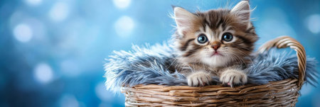 Adorable fluffy kitten sitting in a cozy basket with soft pastel backgrounds. Generative AIの素材