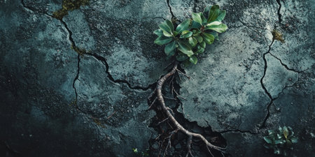 abstraction of a strong tree growing through cracks in concrete, symbolizing resilience and tenacity. Generativeの素材