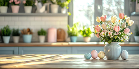 Bright and cheerful Easter kitchen with an empty wooden table, pastel decorations, fresh flowers, and colorful eggs in the background. Generative AIの素材