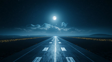 Abstract aerial view of a metallic runway glaming under a full moon. Generativeの素材