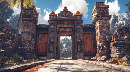 Ancient city gate with massive wooden doors, carved stone decorations, and surrounding watchtowers. Generative AIの素材