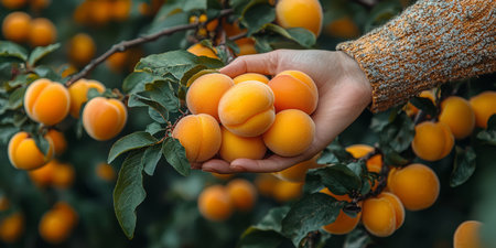 Close-up of a hand harvesting bright orange apricots from a branch. Generative AIの素材