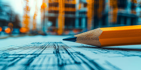 Close-up of pencil sketching building designs on a piece of paper at a construction site. Generative AIの素材