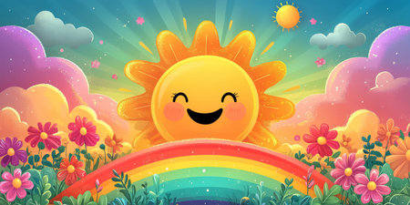 cartoon style with smiling sun, flowers and bright rainbow colors, fun design. Generative AIの素材