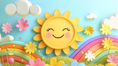cartoon style with smiling sun, flowers and bright rainbow colors, fun design. Generative AIの素材