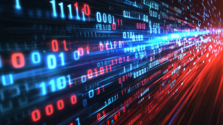 Dark abstract tech background with red and blue binary numbers creating a sense of motion and speed. Generative AIの素材
