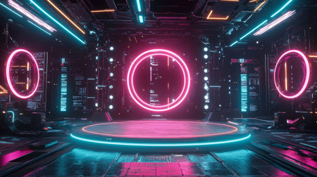 Cyberpunk-inspired podium with glowing pink and cyan neon rings, futuristic background. Generative AIの素材